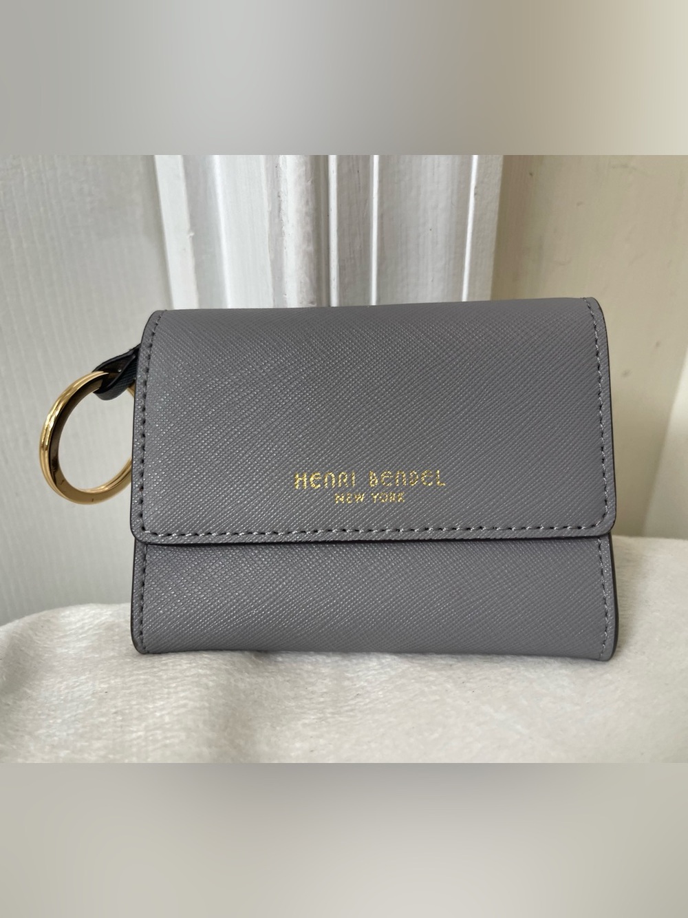 henri bendel Gray Saffiano Leather Mini Wallet with Gold Key Ring
